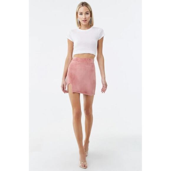FOREVER 21 Faux Suede High Waist Mini Skirt Size M Short Blush Pink Velour - Picture 4 of 5